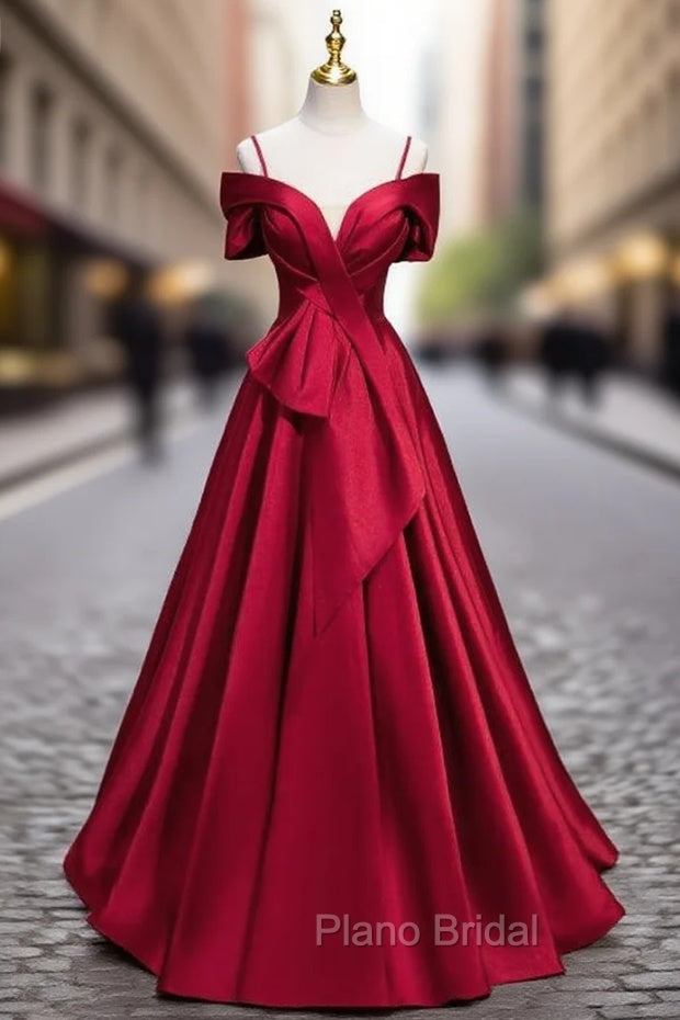 Burgundy Satin Spaghetti Straps Pleats Formal Prom Dresses Main image