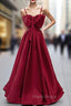Burgundy Satin Spaghetti Straps Formal Prom Dresses With Bow