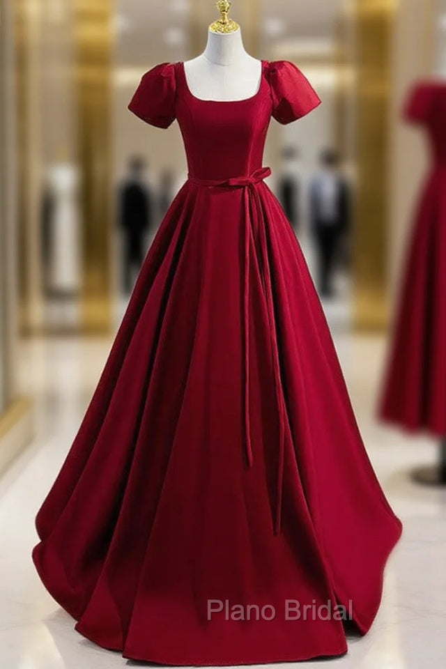 Burgundy Satin Square Beading Short Sleeve Formal Prom Dresses Main image