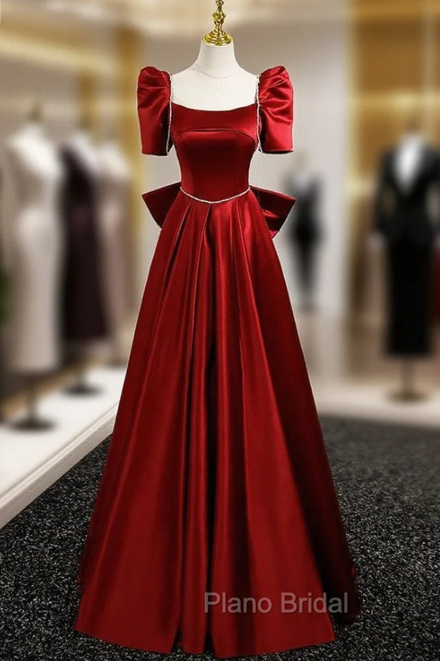 Burgundy Satin Square Neck Short Sleeve Bow Formal Prom Dresses Main image