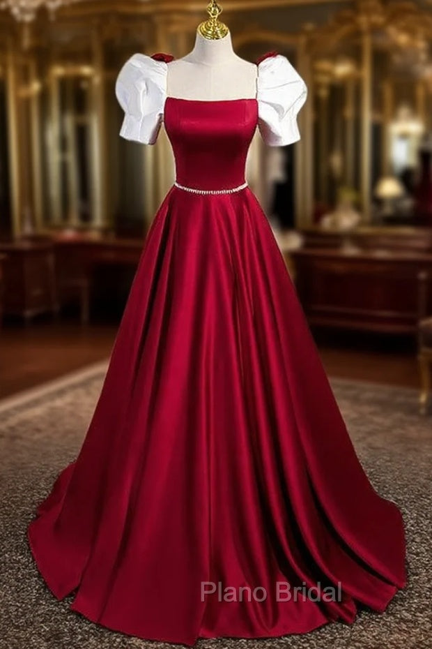 Burgundy Satin Square Neck Short Sleeve Formal Prom Dresses Main image