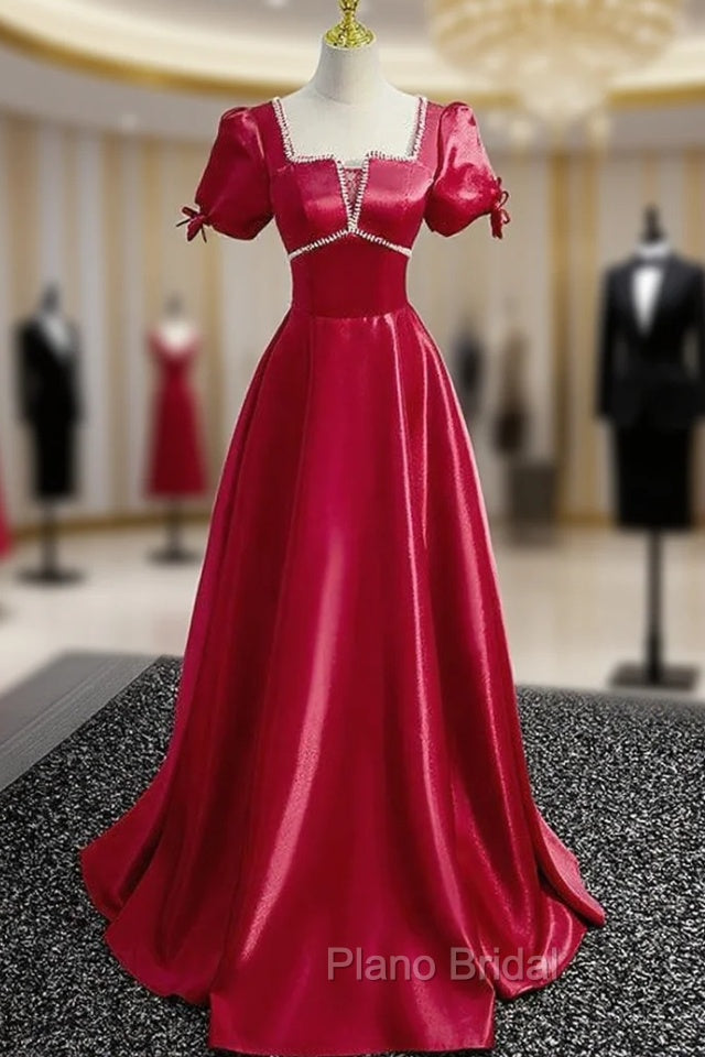Burgundy Satin Square Puff Sleeve Beading Formal Prom Dresses Main image