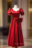 Burgundy Satin Square Puff Sleeve Pearls Bow Formal Prom Dresses