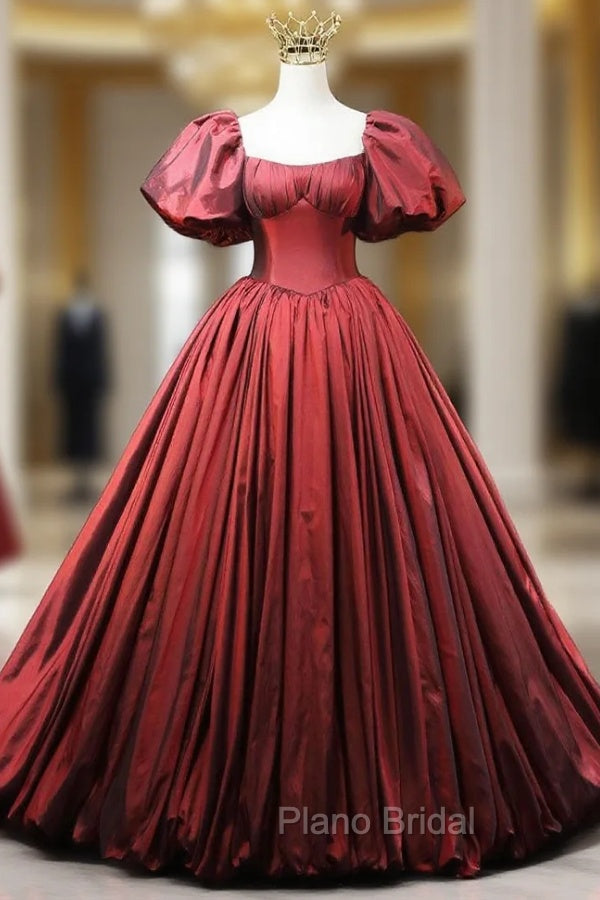 Burgundy Satin Square Puff Sleeve Pleats Formal Prom Dresses