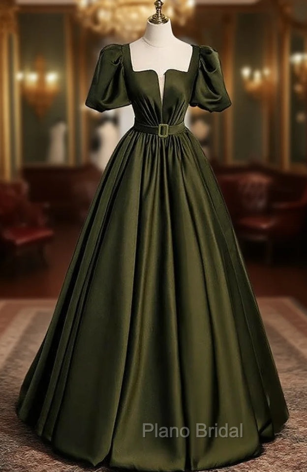 Burgundy Satin Square Puff Sleeve Pleats Formal Prom Dresses