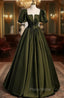 Burgundy Satin Square Puff Sleeve Pleats Formal Prom Dresses