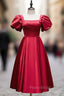 Burgundy Satin Square Puff Sleeve Formal Prom Dresses