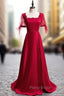 Burgundy Satin Square Short Sleeve Beading Formal Prom Dresses