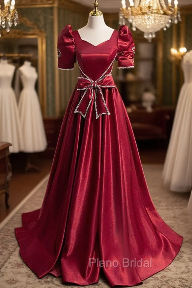 Burgundy Satin Square Short Sleeve Bow Formal Prom Dresses