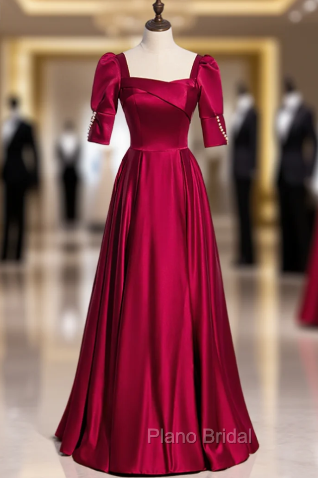 Burgundy Satin Square Short Sleeve Pearls Formal Prom Dresses Main image