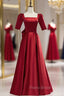 Burgundy Satin Square Short Sleeve Formal Prom Dresses With Bow