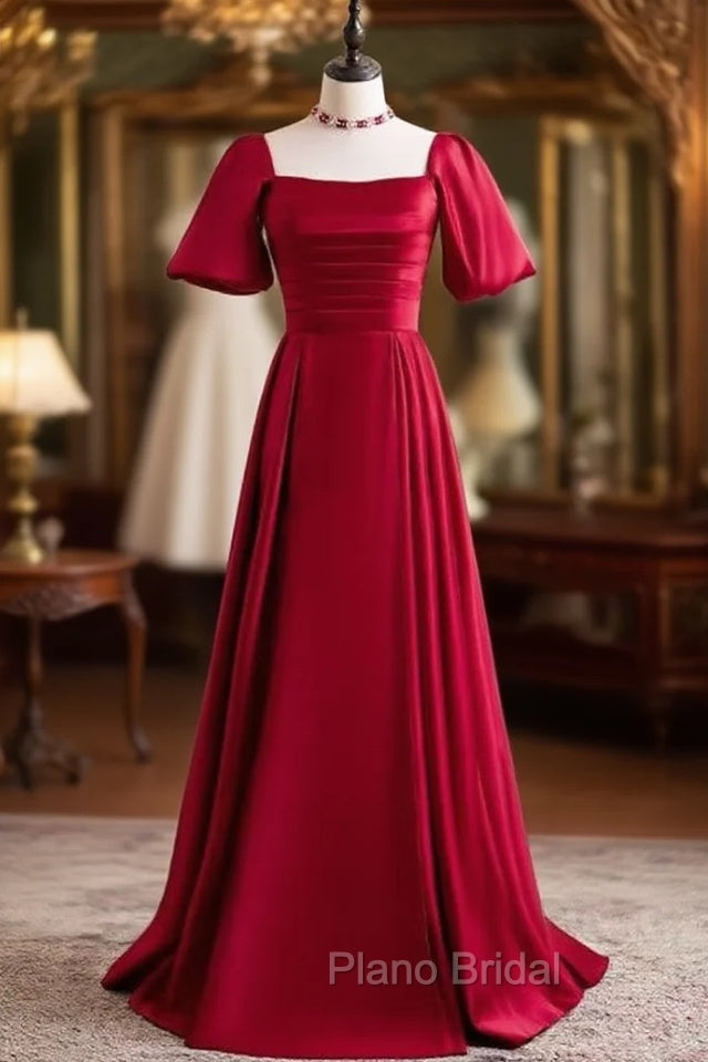 Burgundy Satin Square Short Sleeve Formal Prom Dresses