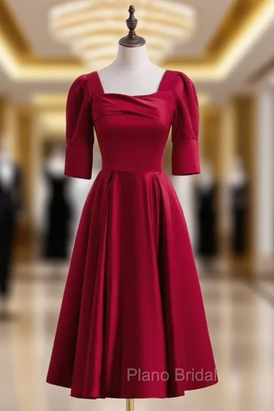 Burgundy Satin Square Short Sleeve Tea Length Formal Prom Dresses