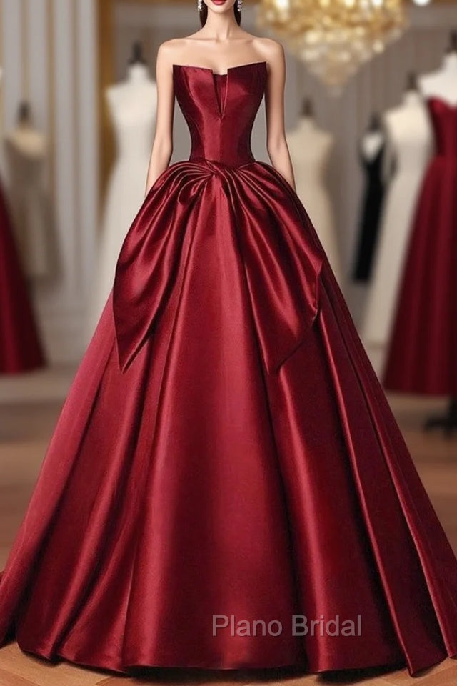 Burgundy Satin Strapless Bow Formal Prom Dresses Main image
