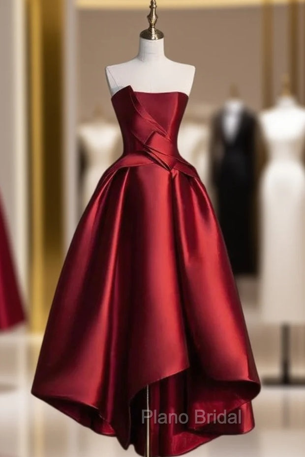 Burgundy Satin Strapless Formal Prom Dresses