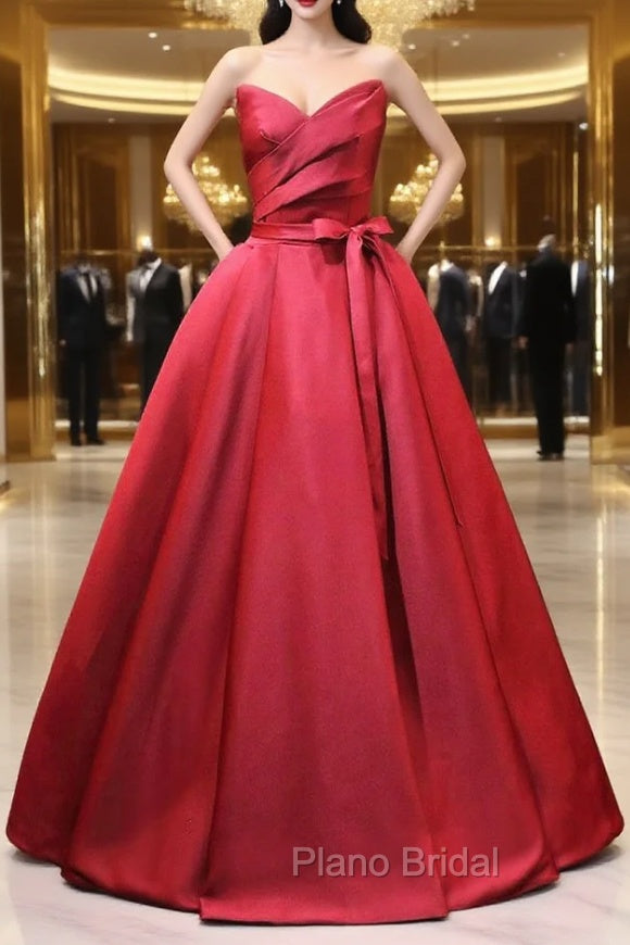 Burgundy Satin Strapless Pleats Formal Prom Dresses With Belt Main image