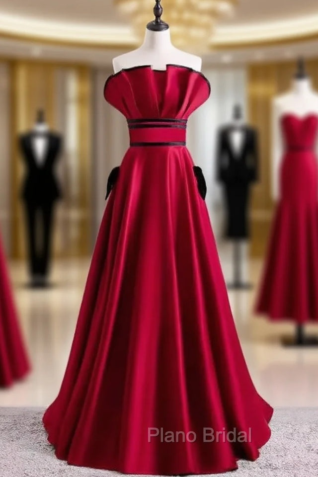 Burgundy Satin Strapless Pleats Formal Prom Dresses
