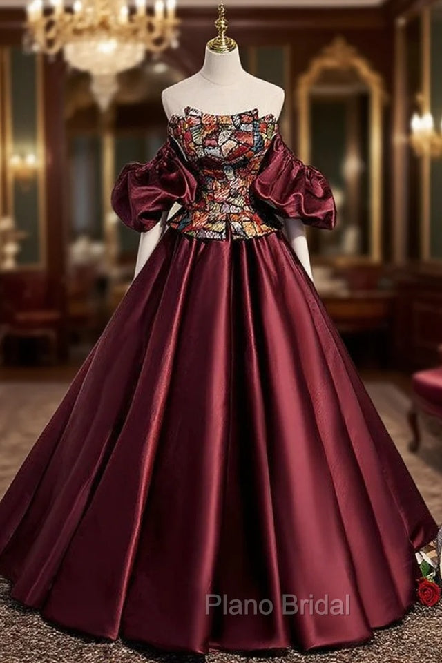 Burgundy Satin Strapless Formal Prom Dresses Main image