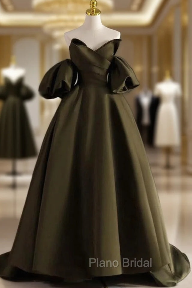 Burgundy Satin Strapless Puff Sleeve Formal Prom Dresses Main image