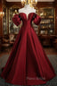 Burgundy Satin Strapless Puff Sleeve Formal Prom Dresses