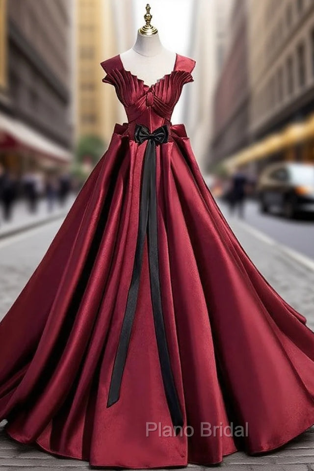 Burgundy Satin Strapls Pleats Formal Prom Dresses With Bow