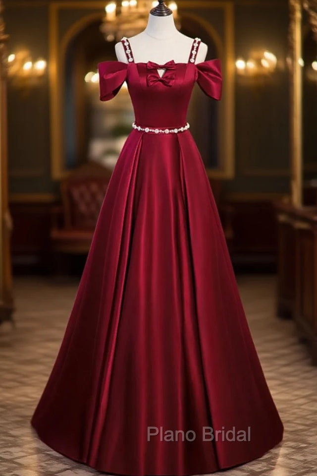 Burgundy Satin Straps Bow Formal Prom Dresses Main image