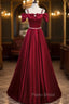 Burgundy Satin Straps Bow Formal Prom Dresses