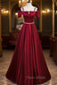 Burgundy Satin Straps Bow Formal Prom Dresses