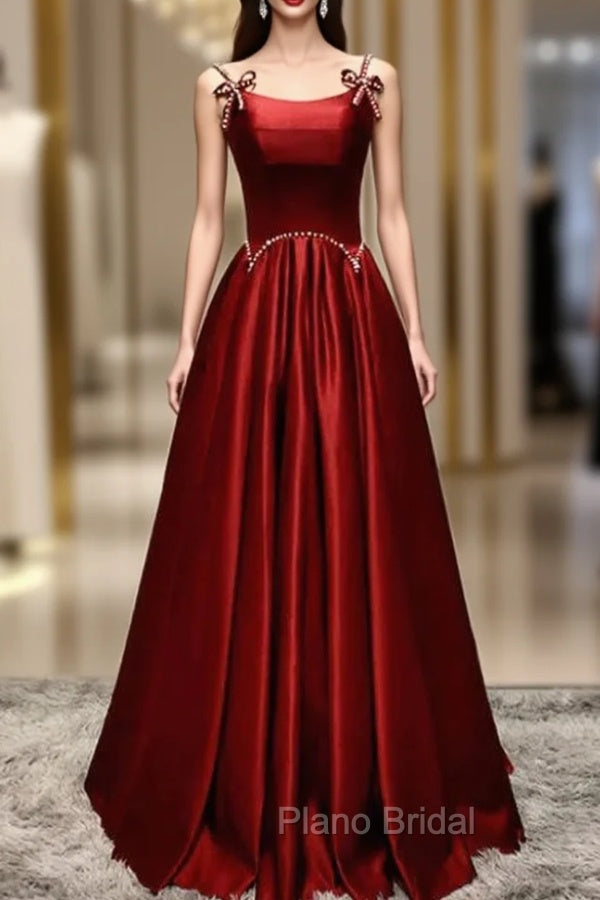 Burgundy Satin Straps Pearls Formal Prom Dresses