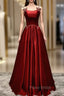 Burgundy Satin Straps Pearls Formal Prom Dresses