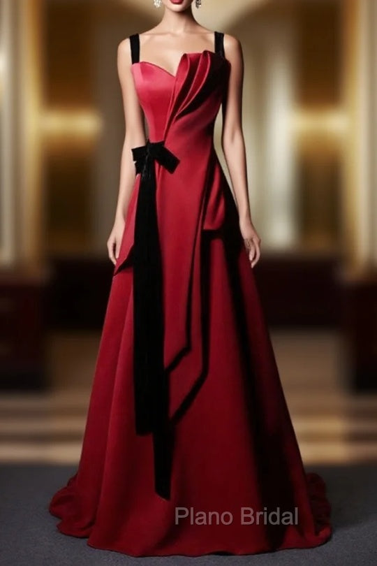 Burgundy Satin Straps Pleats Black Velvet Formal Prom Dresses Main image