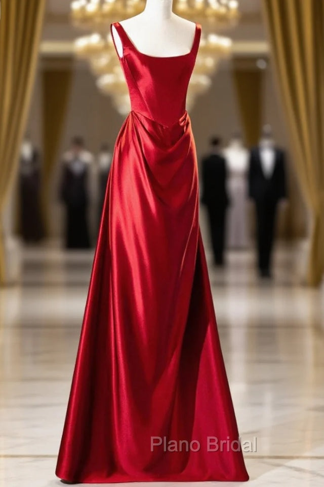 Burgundy Satin Straps Pleats Formal Prom Dresses Main image