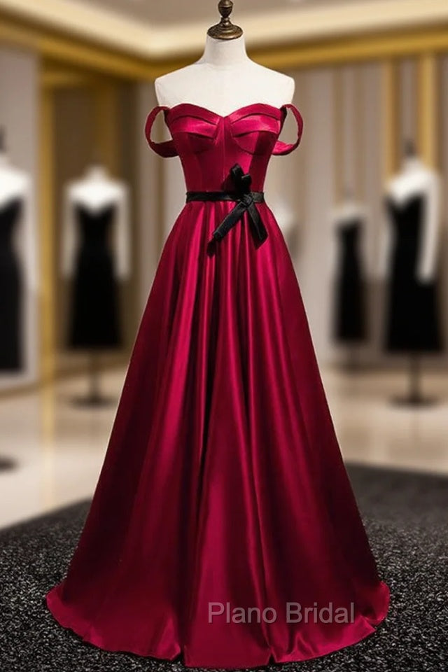 Burgundy Satin Sweetheart Formal Prom Dresses With Belt Main image