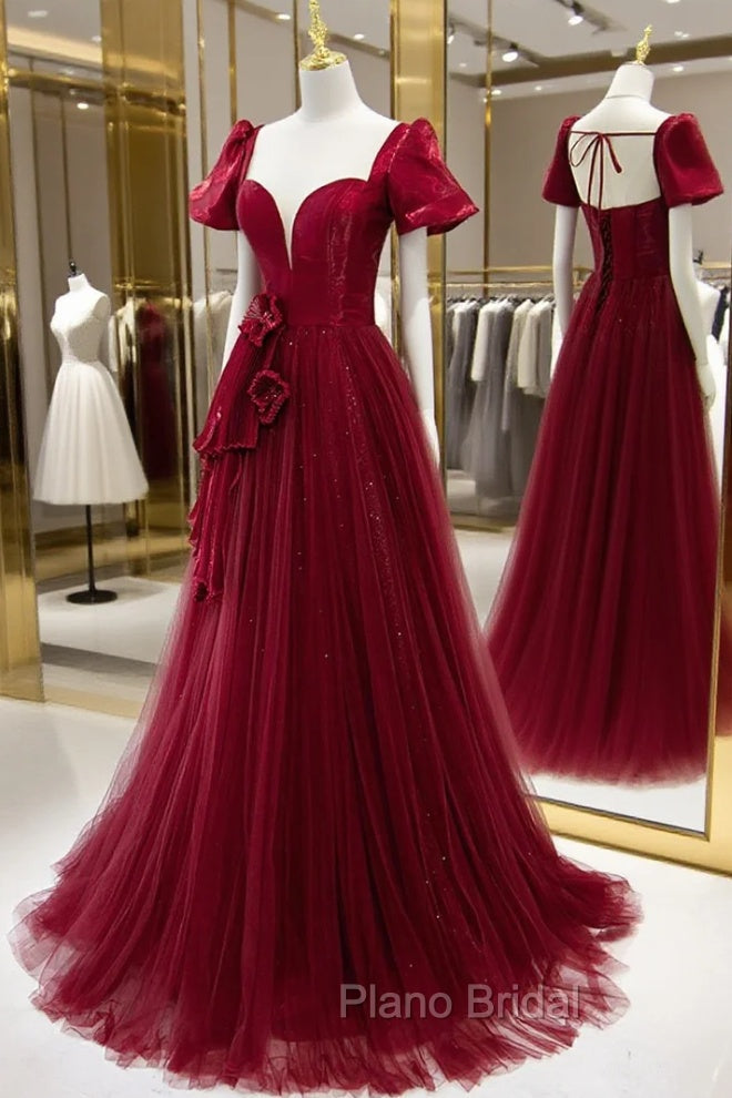 Burgundy Satin Tulle Long Formal Prom Dresses, A-Line Short Sleeve Evening Party Dresses Secondary image
