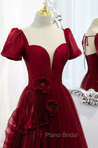 Burgundy Satin Tulle Long Formal Prom Dresses, A-Line Short Sleeve Evening Party Dresses
