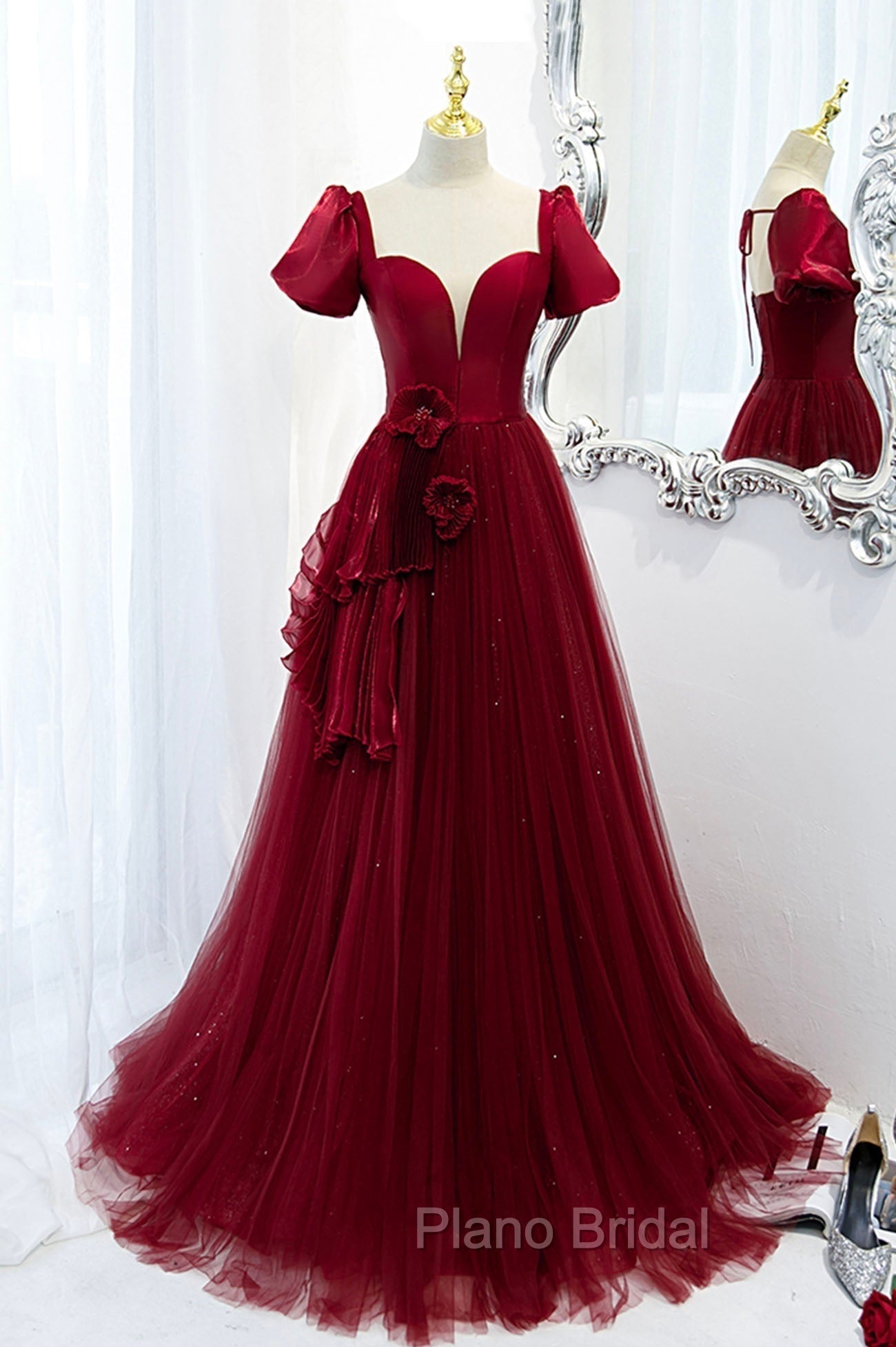 Burgundy Satin Tulle Long Formal Prom Dresses, A-Line Short Sleeve Evening Party Dresses Main image