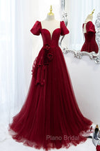 Burgundy Satin Tulle Long Formal Prom Dresses, A-Line Short Sleeve Evening Party Dresses