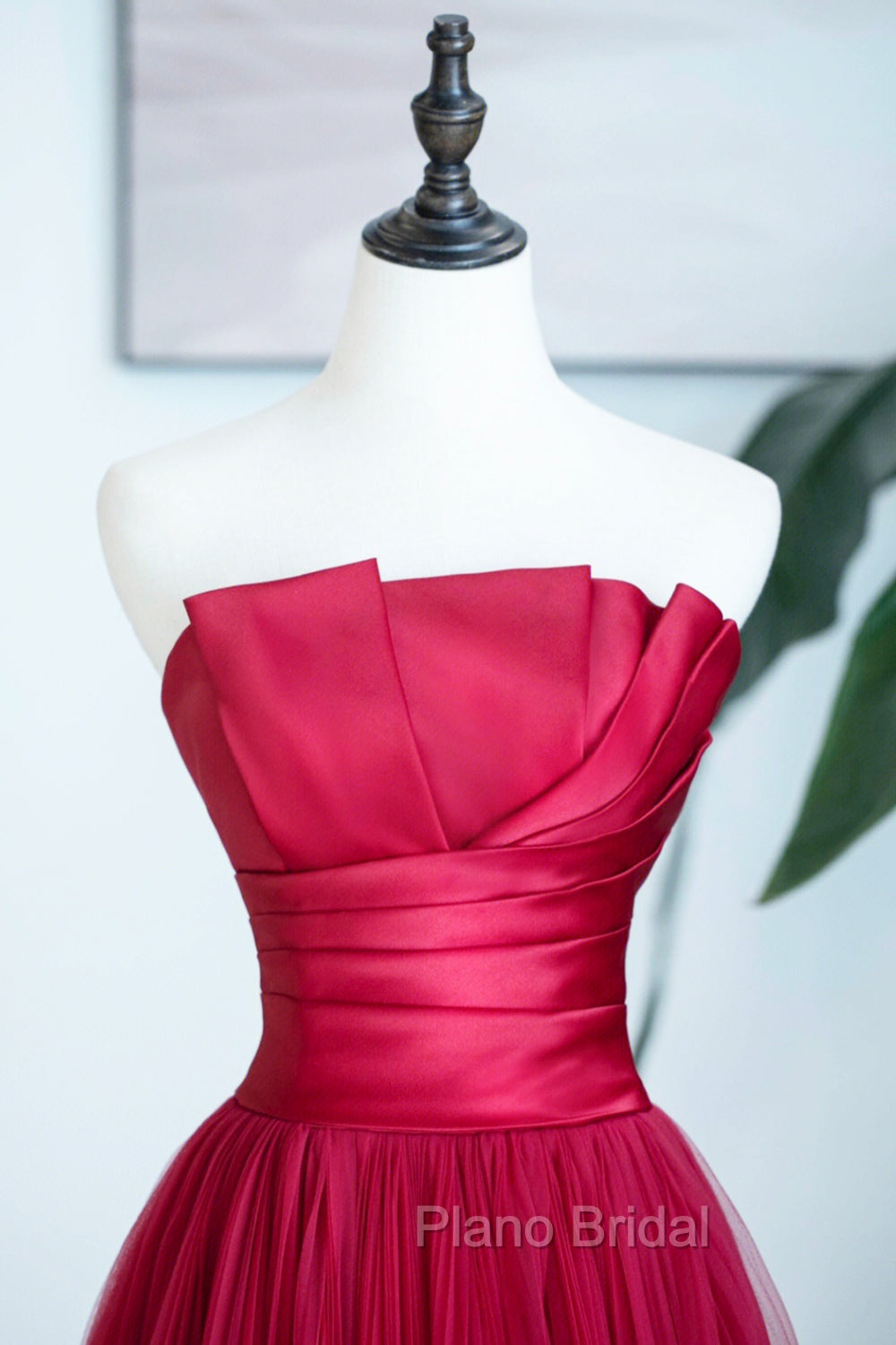Burgundy Satin Tulle Long Formal Prom Dresses, A-Line Strapless Evening Dresses Secondary image