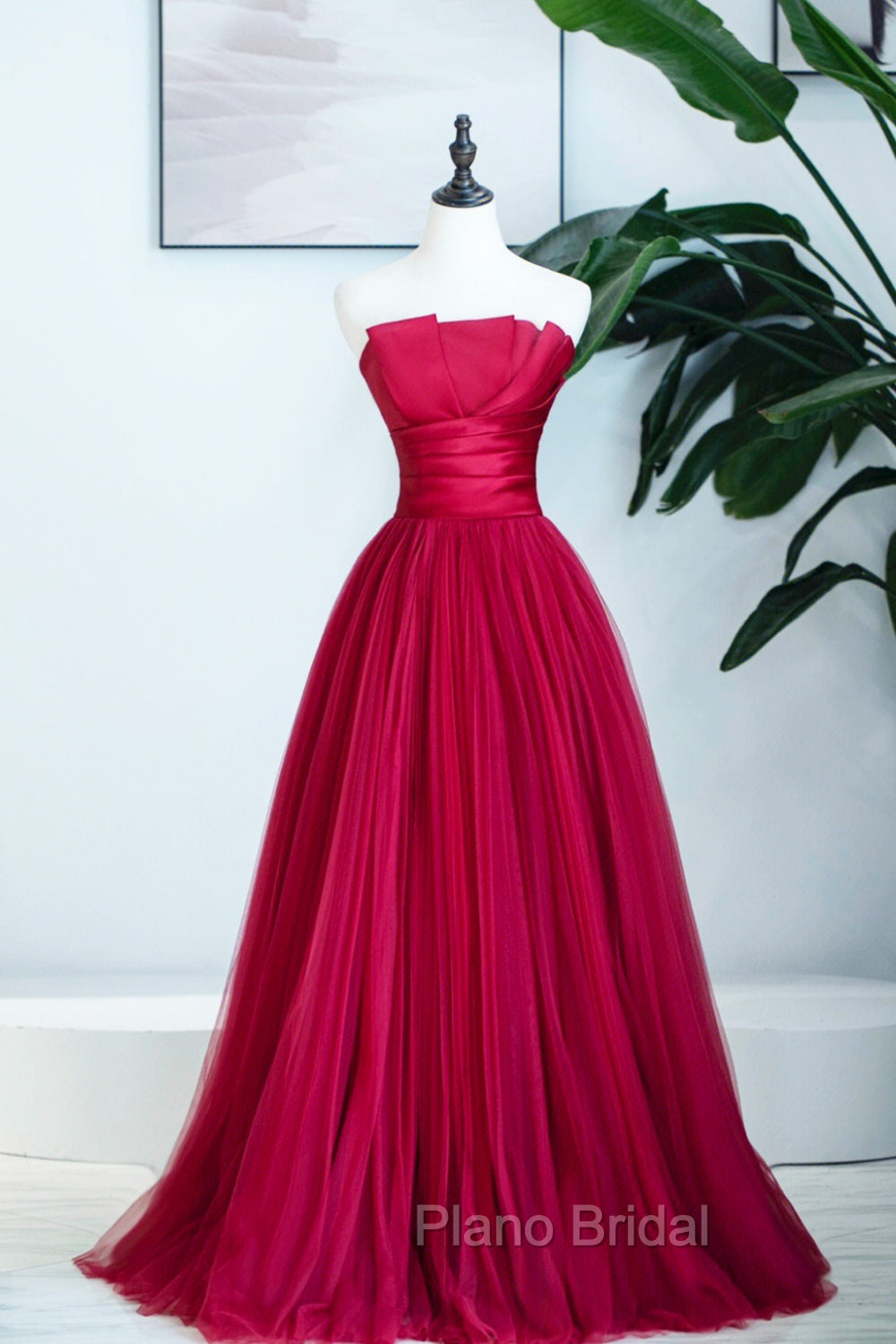 Burgundy Satin Tulle Long Formal Prom Dresses, A-Line Strapless Evening Dresses Main image