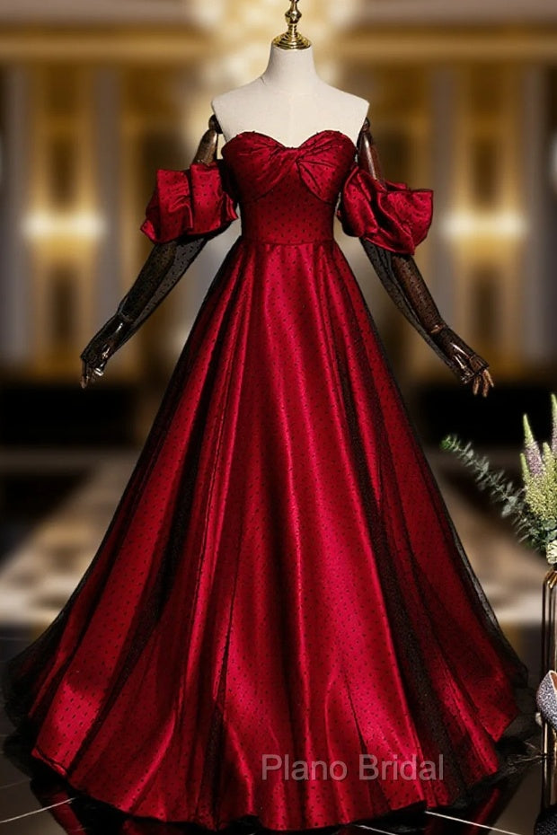 Burgundy Satin Tulle Long Formal Prom Dresses Evening Dresses