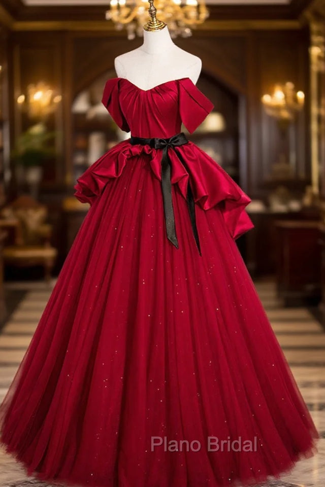 Burgundy Satin Tulle Long Formal Prom Dresses, Off Shoulder Evening Dresses
