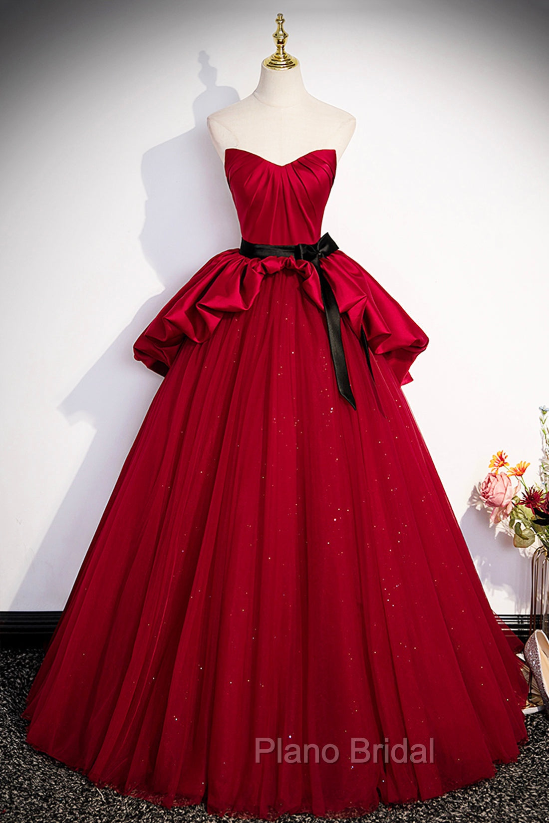 Burgundy Satin Tulle Long Formal Prom Dresses, Off Shoulder Evening Dresses