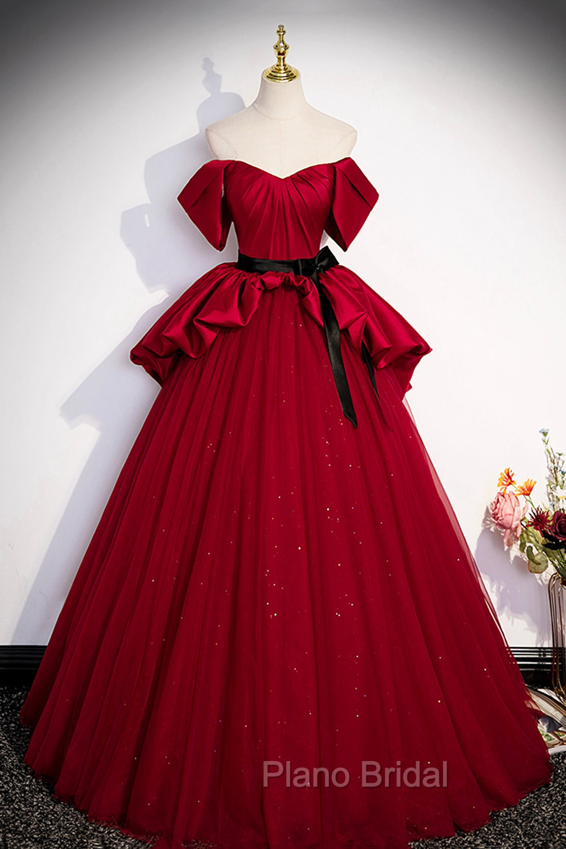Burgundy Satin Tulle Long Formal Prom Dresses, Off Shoulder Evening Dresses Main image
