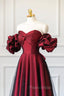 Burgundy Satin Tulle Long Formal Prom Dresses, Off Shoulder Evening Party Dresses