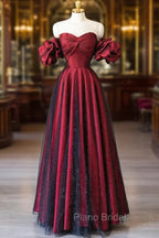 Burgundy Satin Tulle Long Formal Prom Dresses, Off Shoulder Evening Party Dresses