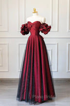 Burgundy Satin Tulle Long Formal Prom Dresses, Off Shoulder Evening Party Dresses
