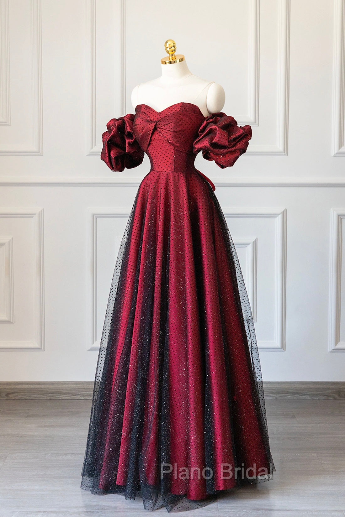 Burgundy Satin Tulle Long Formal Prom Dresses, Off Shoulder Evening Party Dresses Main image