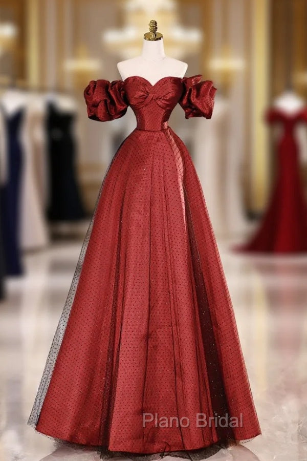 Burgundy Satin Tulle Long Formal Prom Dresses, Off the Shoulder Evening Party Dresses Main image