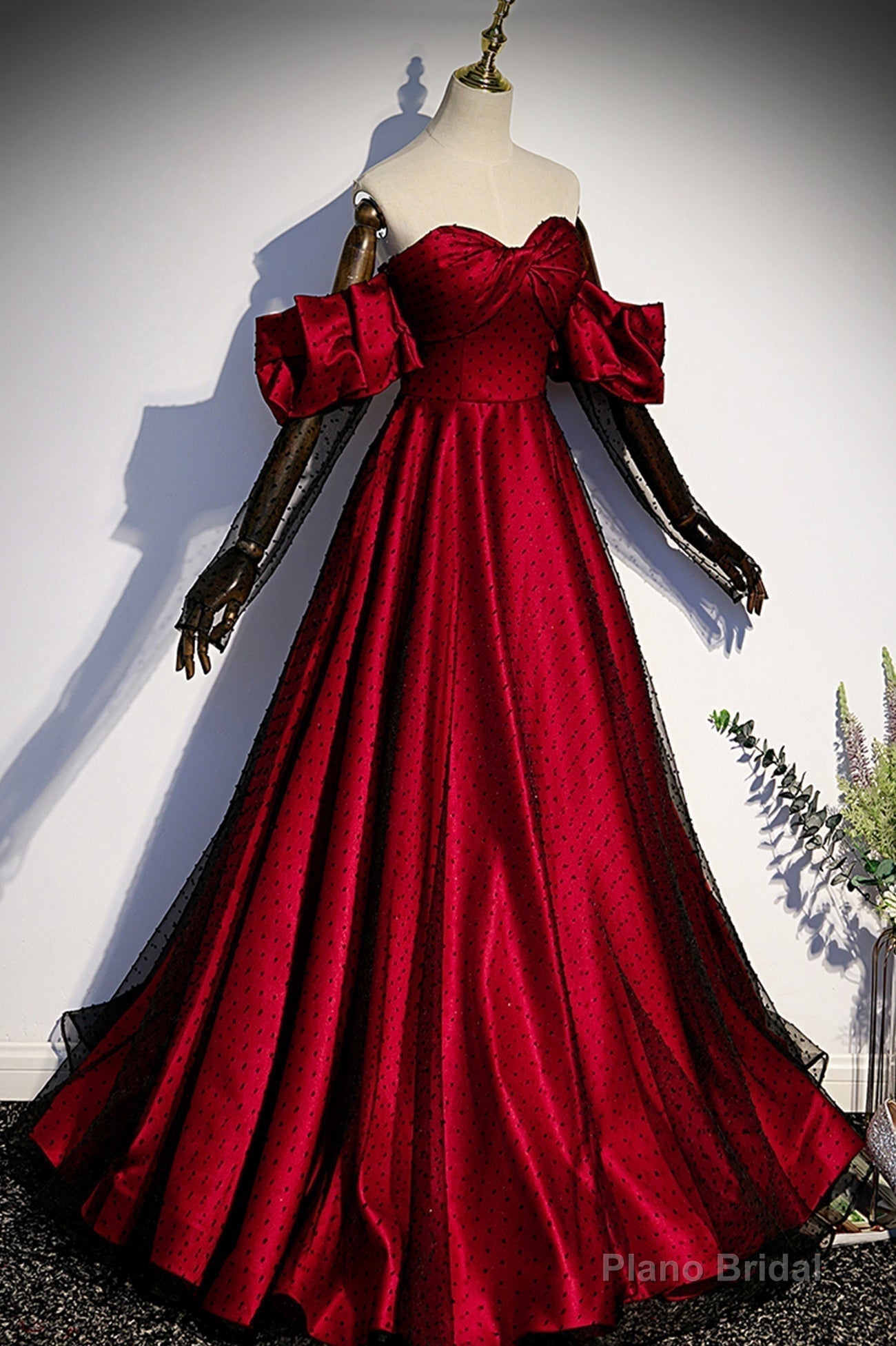 Burgundy Satin Tulle Long Prom Dress, Off the Shoulder Formal Evening Dress Secondary image