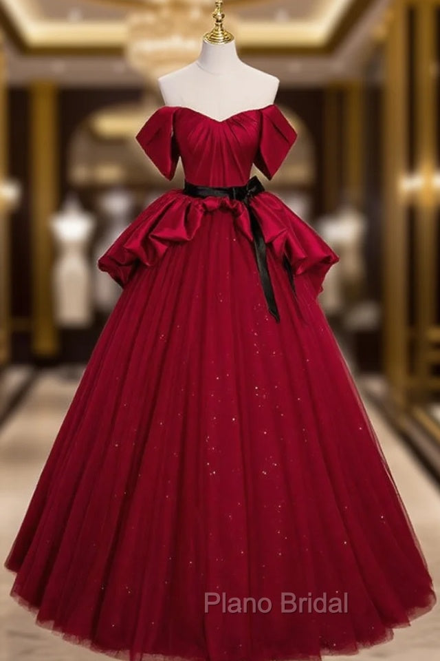 Burgundy Satin Tulle Off the Shoulder Formal Prom Dresses Main image